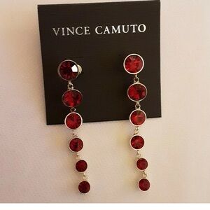 Vince Camuto Gold Tone & Round Ruby Red Crystal Linear Drop Earrings NWT